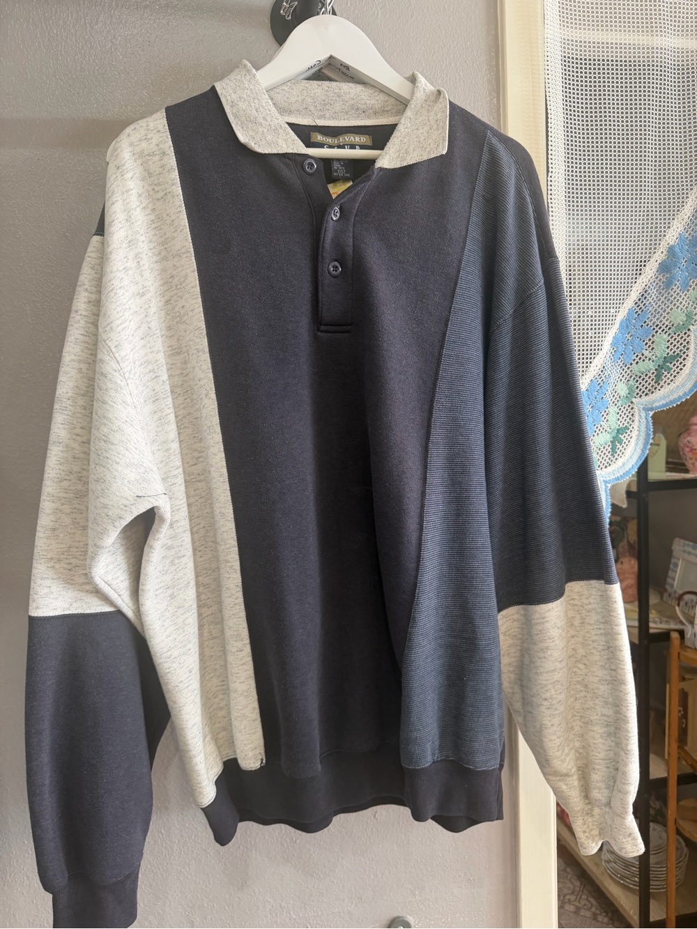 Colorblock Crewneck Polo Sweater in Navy & Heather Gray